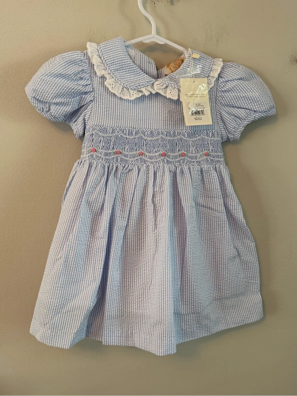 The Beaufort Bonnet Company Blue Seersucker Floral Smocked Dress